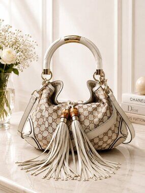Authentic Gucci Indy GG Canvas Large Hobo Bag Tassel Shoulder Handbag